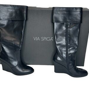 Franco Sarto with Via Spiga NWB Women's Black Leather Wedge Boots and box sz 7